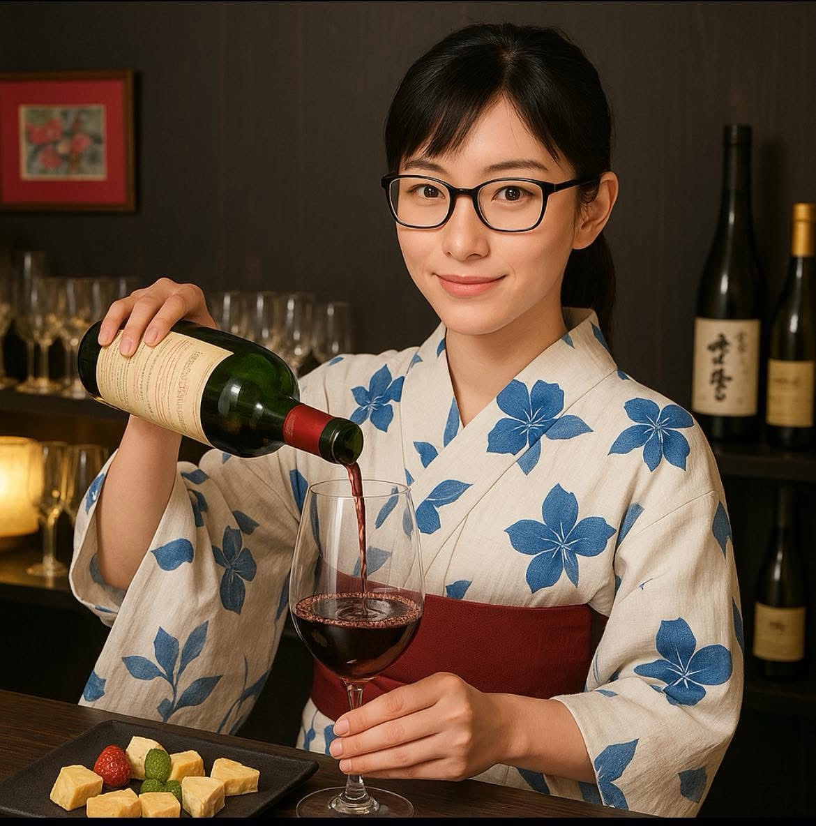 いつもは白シャツ＆ベストのソムリエールが、七夕は浴衣でお出迎え